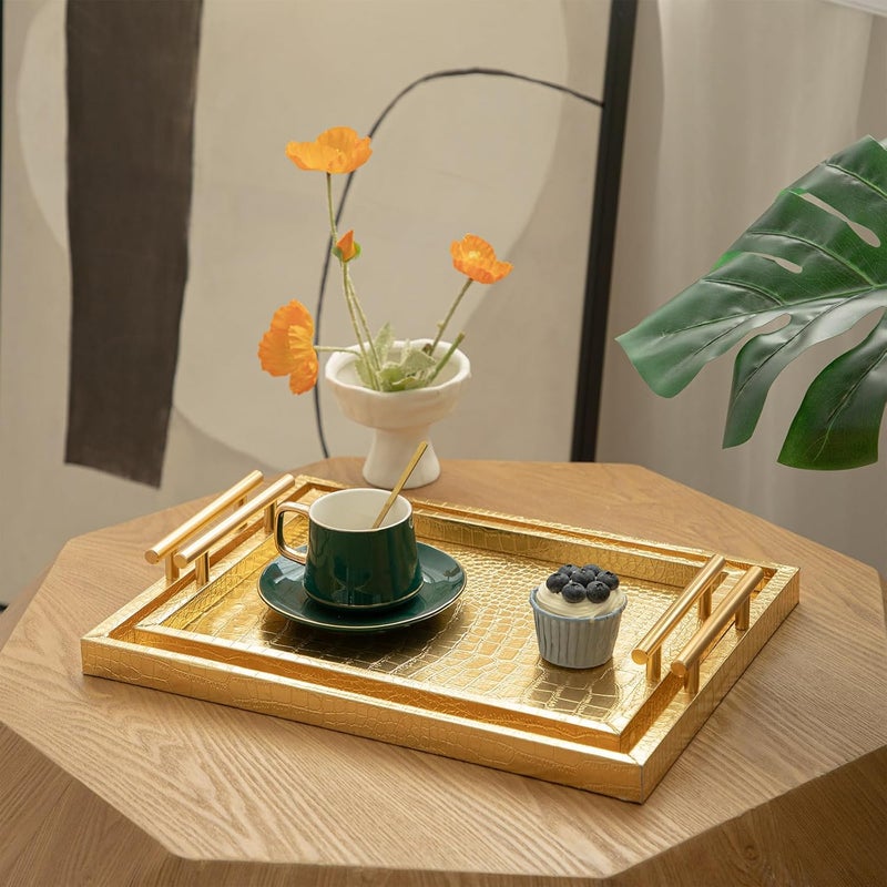 MACVAD Set of 2 Modern Elegant Large Wood Serving Tray, Rectangle Decorative Tray Ottoman Tay Coffee Table Tray, Gold Crocodile Leather with Gold Polished Metal Handles - Image 2